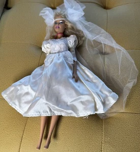 Vintage 80s Hand Made Bride Satin Wedding Gown Dress w/ Veil for Barbie Dolls - Picture 1 of 6