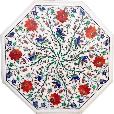 White Marble End Table Top with Decent Look Gemstone Inlay Work Coffee Table top - Image 1 of 4