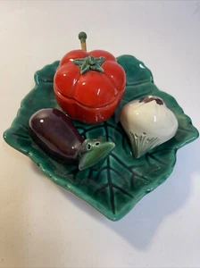 VINTAGE FERLAY VALLAURIS SALT & PEPPER SHAKERS + MUSTARD CRUET ON LEAF DISH - Picture 1 of 12