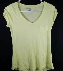 Express Women's Top Neon Yellow V-Neck T-shirt Size XS Cap Sleeve Pocket Tee - Picture 1 of 5