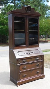 Walnut Victorian Drop Front Secretary with Bookcase Top - Picture 1 of 16