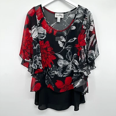 Camisa Top Joseph Ribkoff Talla 10 Chifón Superposición Manga 3/4 Kimono Romántica Boho Foto 1 de 4