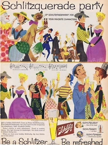 1957 Joe Kaufman Kunst SCHLITZ Bier MASKERADE PARTY Kostüme Druck Werbung - Bild 1 von 1