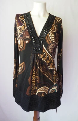 Hale Bob 100% Silk Jersey Knit Tunic Top w/Beaded Neck Paisley Floral S $198 Foto 1 de 4