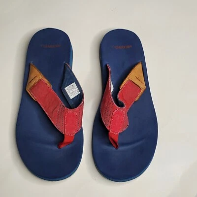 Merrell Sandals Mens Size 9 Flip Flops Blue Red Tan Camping Design Bottom - Image 1 of 4