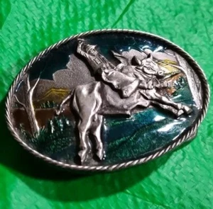 VTG 1981 Great American Buckle Co Enamel Pewter Cowboy Western Belt Buckle H307 - Picture 1 of 6