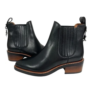 COACH Bowery Chelsea Black Leather Boots Rex Charm Bootie Womens SZ 5 Flaw #1 - Picture 1 of 11