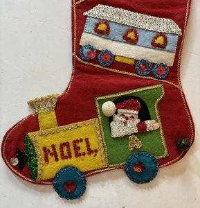 Vintage Handmade Christmas Stocking Santa On A Train Felt Beads Sequins Ricky - Picture 1 of 5