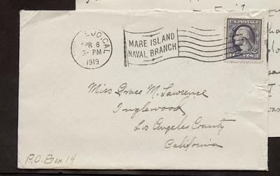 COVER  cds VALLEJO CAL 1919 FLAG  CANCEL MARE ISLAND NAVAL BRANCH w4 PAGE LETTER - Image 1 of 4