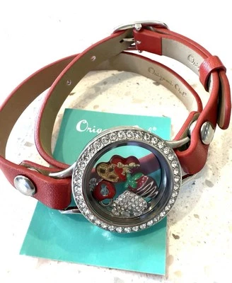 NEW Origami Owl Red Leather Bracelet Rhinestone Heart Love Strawberry Jewelry - Image 1 of 4