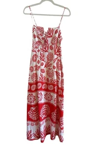 Calypso St. Barth NWT Red White Shell Coral Linen Blend Maxi Dress Small Smocked - Picture 1 of 15
