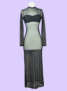 Victoria's Secret XS Black Sheer Gown Vintage 1990s Slip Dress Fish Net - Picture 1 of 9