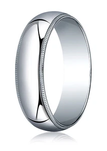 Mens 10K White Gold, 6.0mm Traditional Dome Oval Ring with Milgrain - Picture 1 of 3