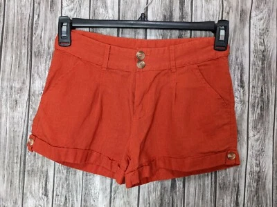 Pantalones Cortos Para Mujer Naranja Óxido Plisados Delanteros Puño Girado Mezcla de Lino Talla Pequeña Foto 1 de 4