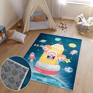 Kinderteppich Waschbar Rutschfest Weltraum Raketen Kinderzimmer Jugendzimmer - Bild 1 von 11