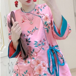 Élégant Femme Floral Broderie Haut Chemisier 3/4 Manche Qipao Nœud Chemise - Picture 1 of 16