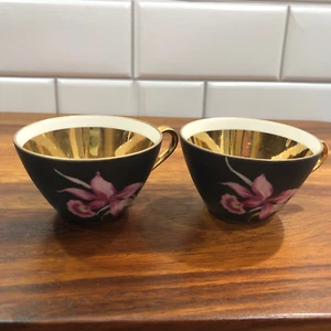 Vintage Seltmann Weiden Bavaria Demitasse Teetassen mit rosa Orchidee und 24K Gold - Bild 1 von 8