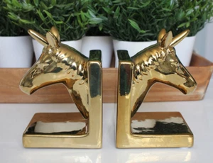 Paar (2) Keramik gold glasiert mythisches Einhorn 7" Buchstützen - Bild 1 von 10