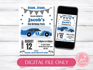 DIGITAL Blue Racing Car PERSONALISED Invitations - Boys Birthday Party Invites - Picture 1 of 5