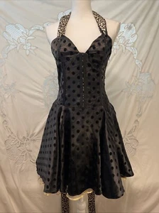 Med JAWBREAKER Black Polka Dot Corset 50s Style Leopard Halter Flare Skirt Dress - Picture 1 of 8