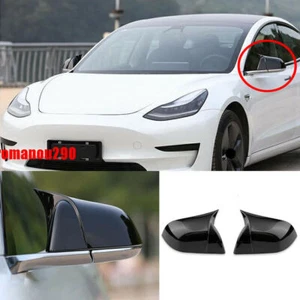 Glossy Black For Tesla Model 3 2017-2020 Rear View Mirror Cover Trim Cap ABS  - Picture 1 of 6