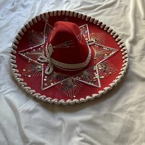 Red Mexican Charro Mariachi Hat Sombrero White Color Trim Adult Costume Vintage - Picture 1 of 8
