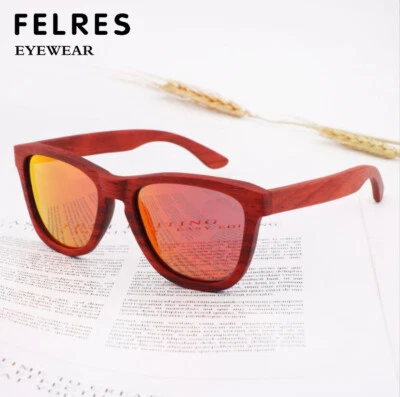 Hombres Mujeres Bambú Madera Polarizado Cuadrado Gafas de Sol Rojo Marco de Madera Gafas UV400 Foto 1 de 4