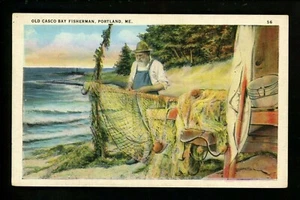 Fishing postcard Old Casco Bay Fisherman, Portland, Maine ME Tichnor - Picture 1 of 2