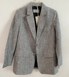 Everlane 100% Linen Blazer Jacket Striped Navy Lined Oversized Size 00 NWT - Picture 1 of 6