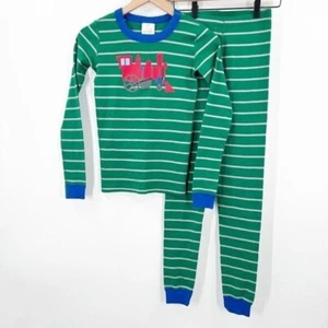Hanna Andersson Train Striped Pajamas Big Kid 12 Green White Holiday Cotton - Picture 1 of 9