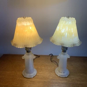 2 Vintage frosted Glass Lamps with glass Scalloped Shade Rare Work Great Cond. - Picture 1 of 10