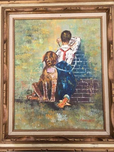 Anderson Painting Original Framed Surreal Acrylic 23.5x27 inches Boy Crying US - Picture 1 of 8