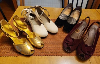 Womens Vintage holiday 4 pr shoe lot. Heels, 40s, 60s, Velvet, Metallic, Suede  - Image 1 of 4