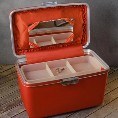 OSHKOSH Train Case Hard Plastic Tangerine Orange with Tray, Mirror and Key 1950s - Image 1 of 4
