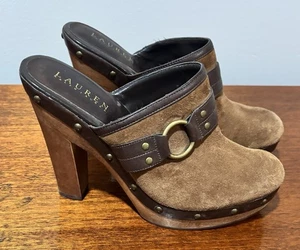 Ralph Lauren braune Wildleder Clogs Pantoletten Pantoletten SCHUHE Plateau Holzabsatz Gr. 8,5 M - Bild 1 von 6