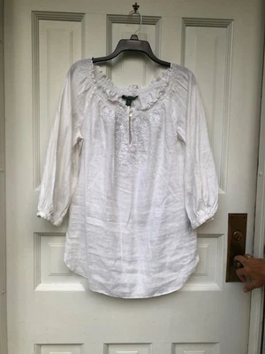 Ralph Lauren Embroidered Linen Blouse top Sz M  White Reg $99 - Image 1 of 4