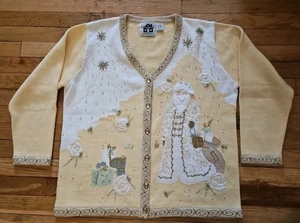 Vintage Storybook Strick Neuheit Strickjacke Pullover gelb Applikation Weihnachten Santa - Bild 1 von 7