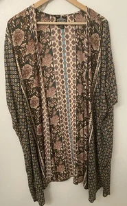 ANGIE Floral Green Kimono Cardigan Sz L Open Front Lightweight Boho Cardigan - Picture 1 of 6