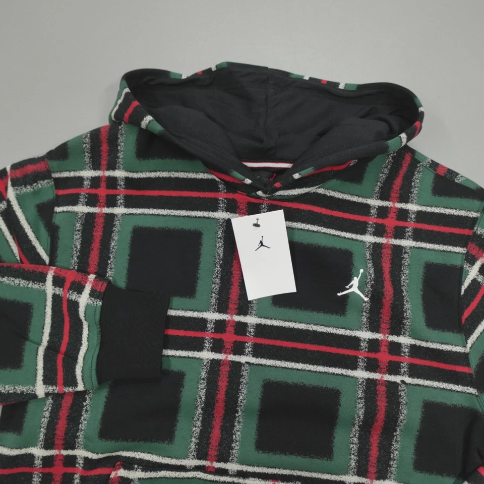 Nike Jordan Plaid Green/Red Fleece Pullover Hoodie Large FV7458-010