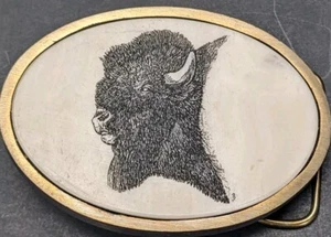 Vintage Messing Gürtelschnalle mit geätztem Bisonkopf Montana Marmor - Bild 1 von 8