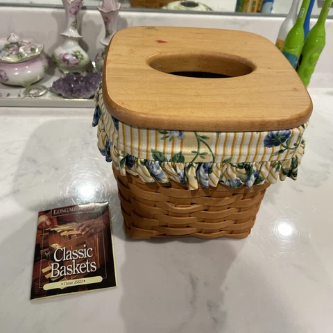 Longaberger Tall Tissue Basket W/ Liner Wood Lid Brown 6.5" Signed & 1996 Dated Cover