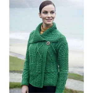 Carraigdonn Green Irish Merino Wool Chunky Cable Knit Cardigan Sweater Size XS - Picture 1 of 8