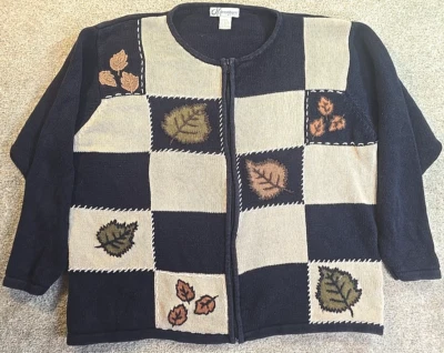 Dressbarn Sweater Full Zip Patchwork Leaves Blue Tan Ramie Cotton Women's 18/20 - Image 1 of 4