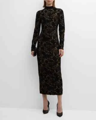 $1390 New Lela Rose Floral Jacquard Knit Mock Neck MIDI Dress Black Long Sleev S - Image 1 of 4