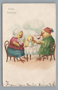 EASTER Greetings Anthropomorphic Dressed Baby Chicks Breakfast Vintage Postcard - Bild 1 von 2