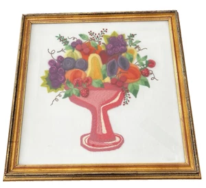 Vintage 1960s Paragon Crewel Embroidery Fruit in Pink Pedestal Bowl 3D Colorful - Picture 1 of 7