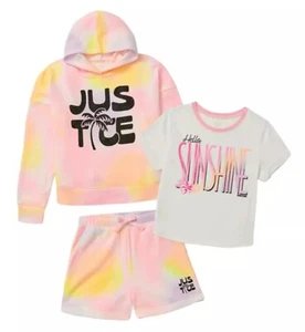 Justice Girls Hoodie Sweatshirt 1 Top And Shorts Pink Logo 3 Piece Set Size 7/8 - Picture 1 of 15