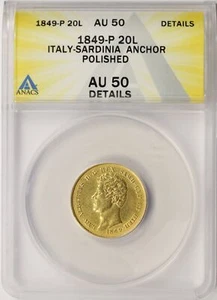 1849-P Italia Cerdeña Ancla Oro 20 Liras ANACS AU50 Detalles Pulidos - Imagen 1 de 4