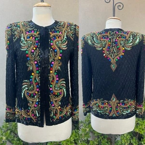 Vtg Glam Evening Jacket Top Silk Beads XS Laurence Kazar - Picture 1 of 13