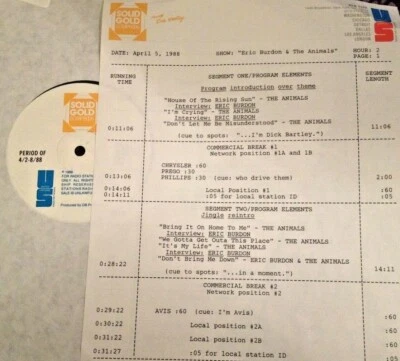 4/5/88 SOLID GOLD SCRAPBOOK ERIC BURDON & THE ANIMALS, 8 ERIC BURDON INTERVIEWS - Image 1 of 2